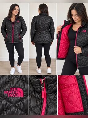 The North Face Black thermoball Quilted Puffer Jacket with Pink Trim
